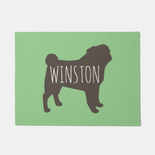 Pug Silhouette Grey and Green Personalized Doormat