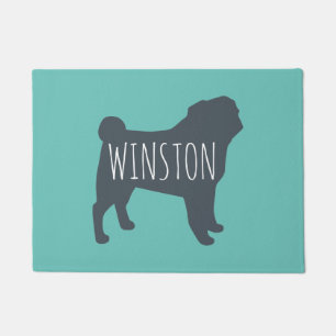 Pug Silhouette Grey and Teal Personalized Doormat