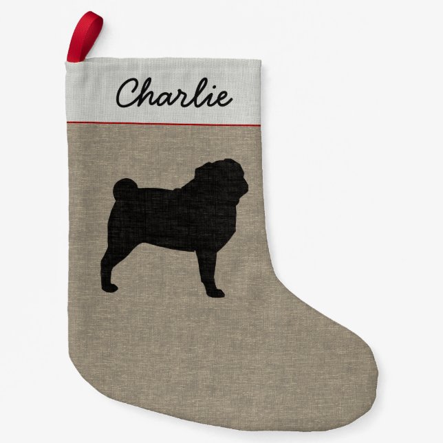 Pug Silhouette Personalized Cute Dog Holiday Xmas Small Christmas Stocking (Front)