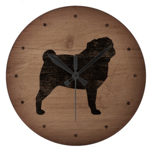 Pug Silhouette Rustic Style Large Clock
