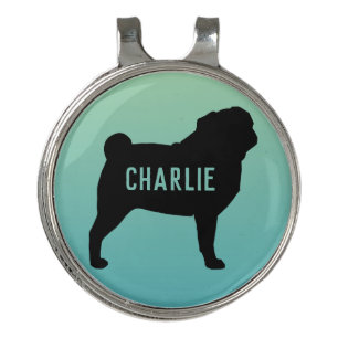 Pug Silhouette with Custom Name Golf Hat Clip