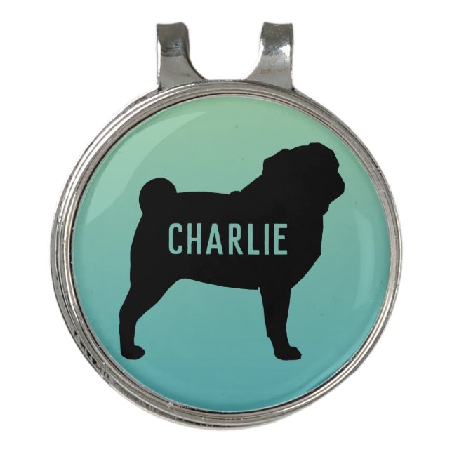 Pug Silhouette with Custom Name Golf Hat Clip (Front)