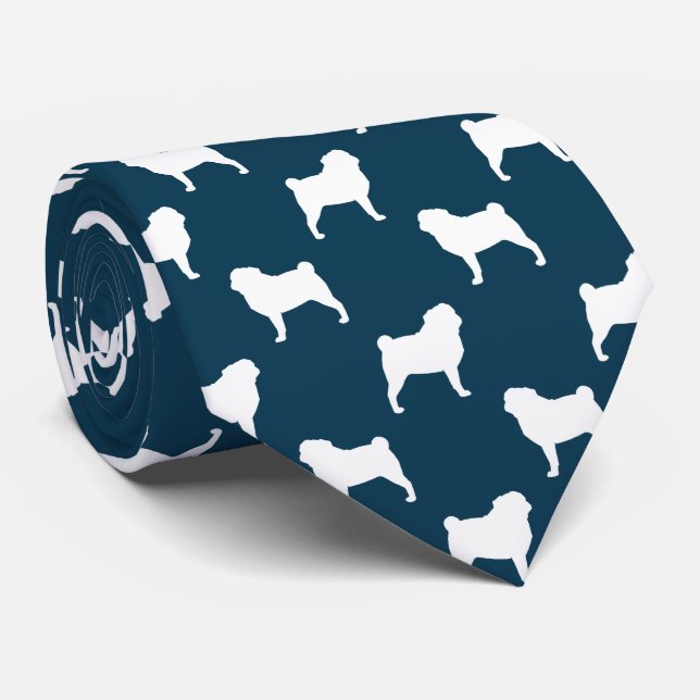 Pug Silhouettes | Dogs Pattern Blue and White Tie (Rolled)