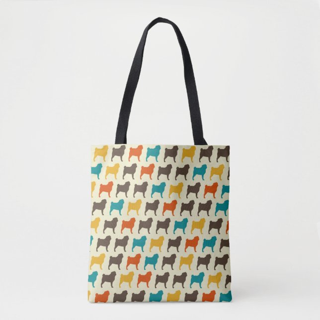Pug Silhouettes | Retro Colors Dog Breed Pattern Tote Bag (Front)