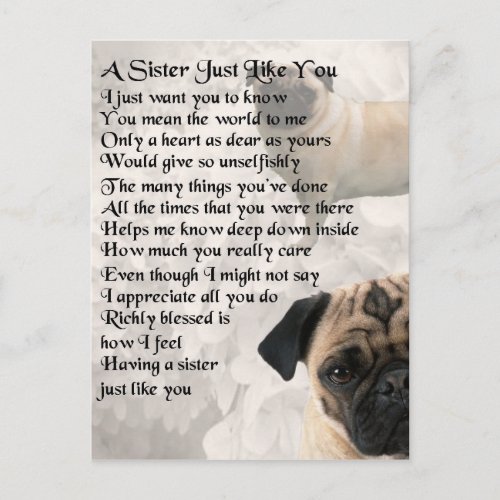 Pug  Sister Poem Postcard