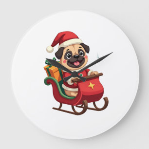 Pug Sleigh Ride Large Clock