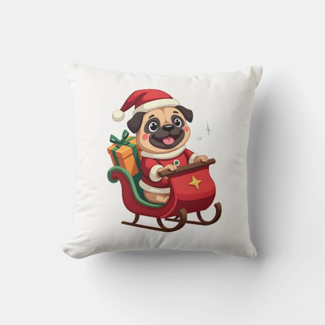 Pug Sleigh Ride Throw Pillow (Front)