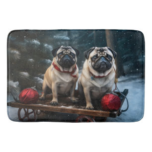 Pug Snowy Sleigh Christmas Decor Bath Mat