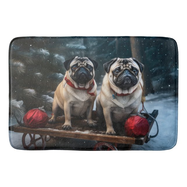 Pug Snowy Sleigh Christmas Decor Bath Mat (Front)