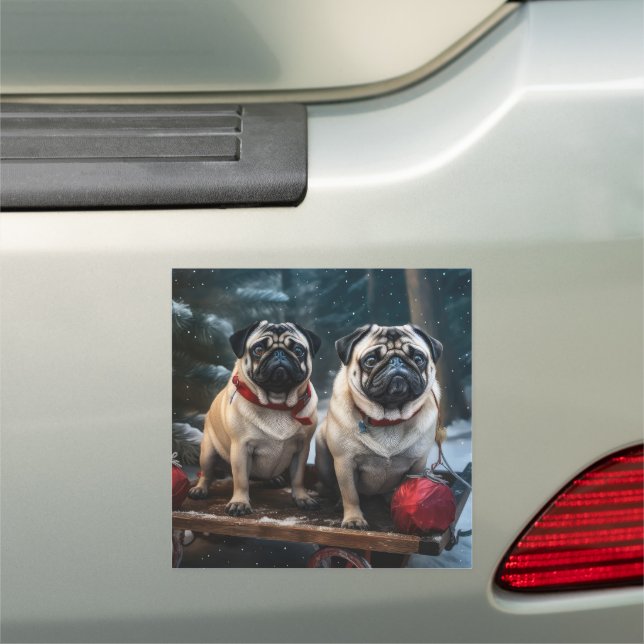 Pug Snowy Sleigh Christmas Decor Car Magnet (In Situ)