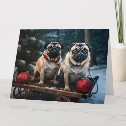 Pug Snowy Sleigh Christmas Decor Card