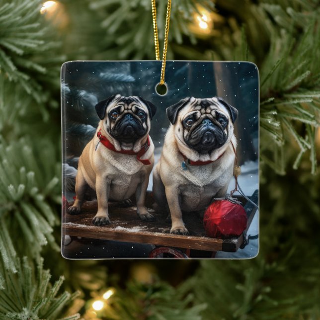 Pug Snowy Sleigh Christmas Decor Ceramic Ornament (Tree)