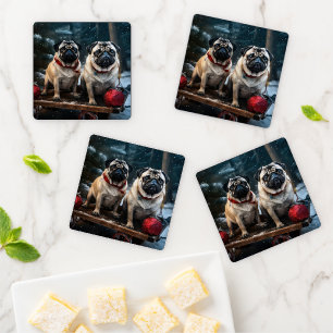 Pug Snowy Sleigh Christmas Decor Coaster Set