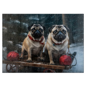 Pug Snowy Sleigh Christmas Decor Cutting Board