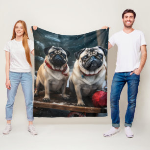 Pug Snowy Sleigh Christmas Decor Fleece Blanket