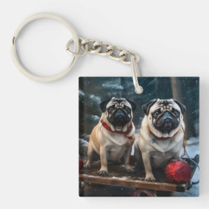 Pug Snowy Sleigh Christmas Decor Keychain