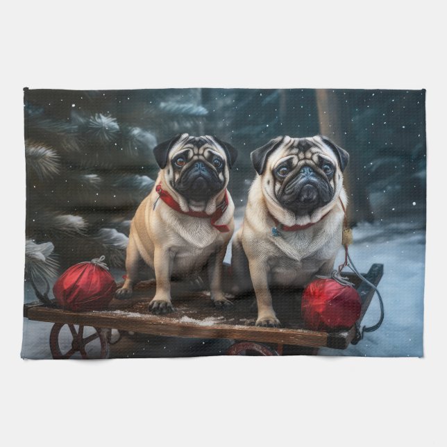 Pug Snowy Sleigh Christmas Decor Kitchen Towel (Horizontal)