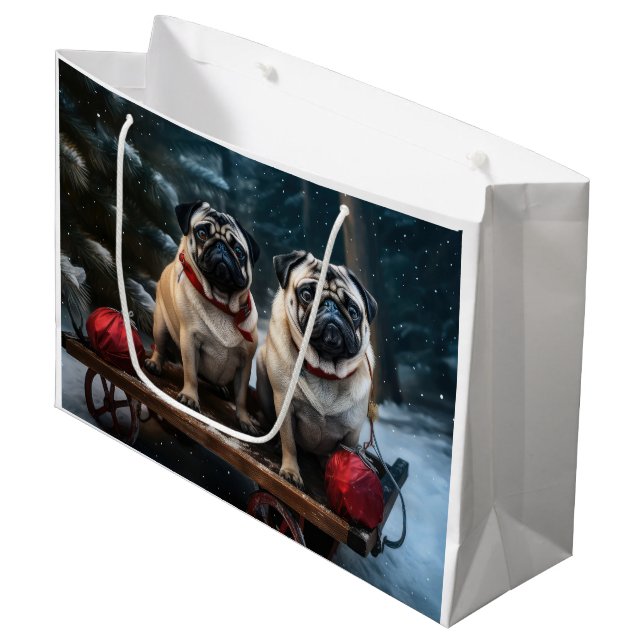 Pug Snowy Sleigh Christmas Decor Large Gift Bag (Front Angled)
