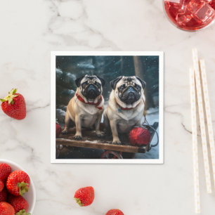 Pug Snowy Sleigh Christmas Decor Napkins