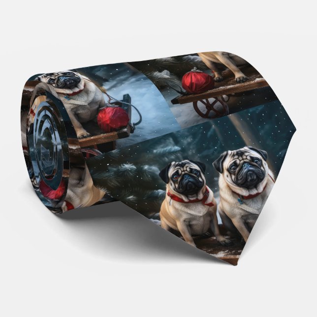 Pug Snowy Sleigh Christmas Decor Neck Tie (Rolled)