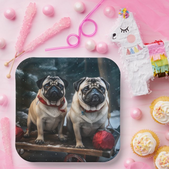 Pug Snowy Sleigh Christmas Decor Paper Plates (Party)