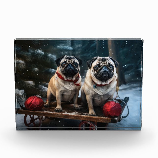 Pug Snowy Sleigh Christmas Decor Photo Block (Front)
