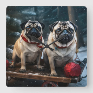 Pug Snowy Sleigh Christmas Decor Square Wall Clock