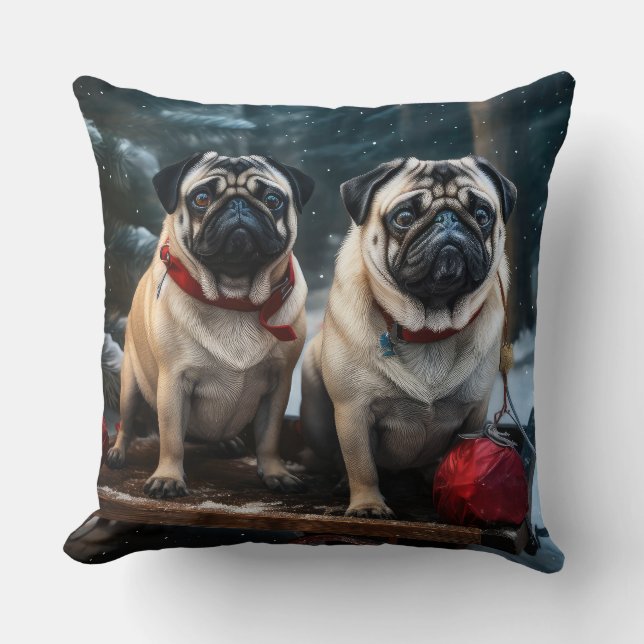 Pug Snowy Sleigh Christmas Decor Throw Pillow (Front)