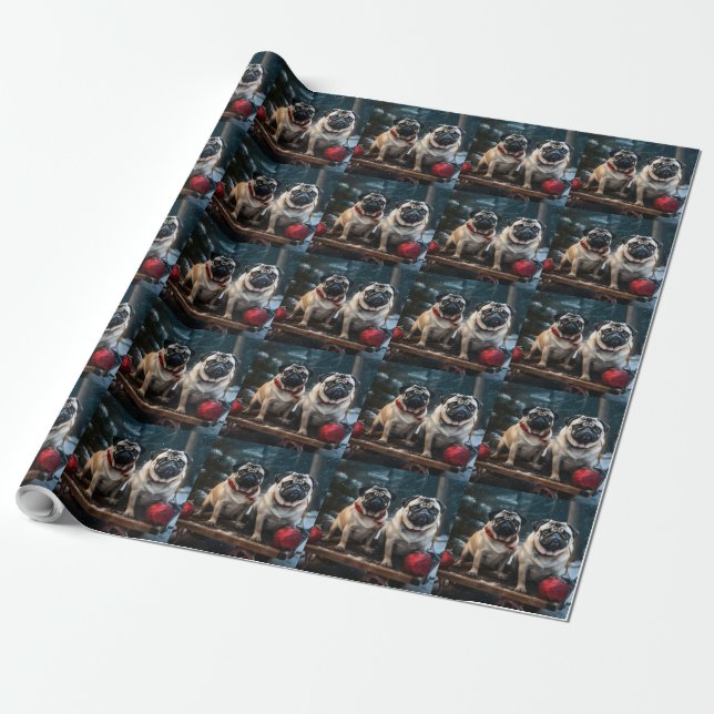 Pug Snowy Sleigh Christmas Decor Wrapping Paper (Unrolled)