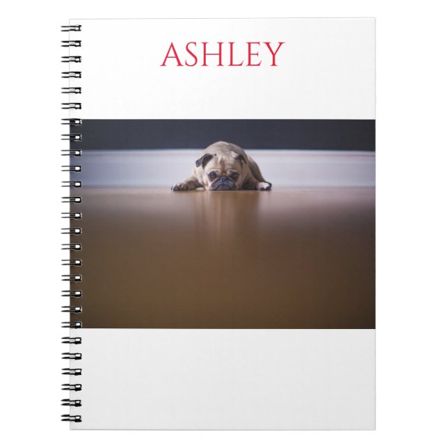 Pug spiral notebook with custom name. (Front)