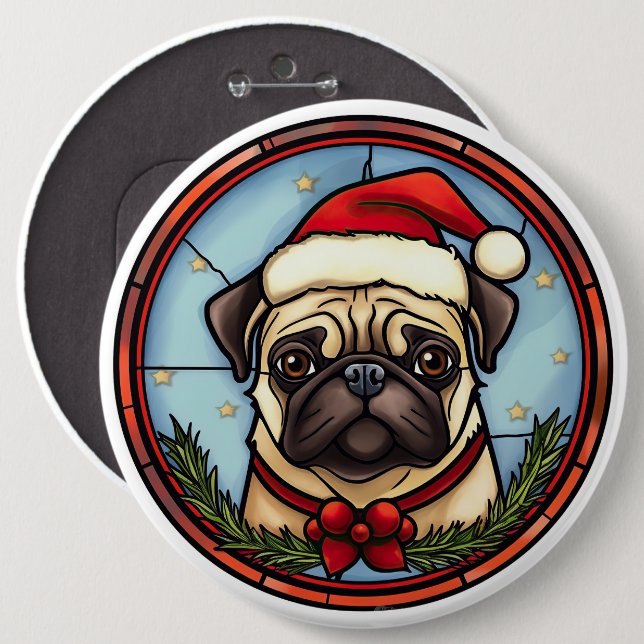 Pug Stained Glass Christmas Button (Front & Back)