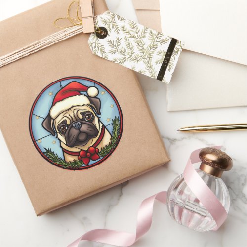 Pug Stained Glass Christmas Classic Round Sticker