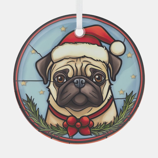 Pug Stained Glass Christmas Glass Ornament (Front)