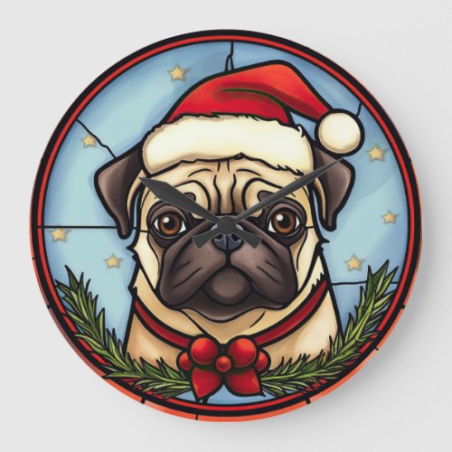 Pug Stained Glass Christmas Large Clock