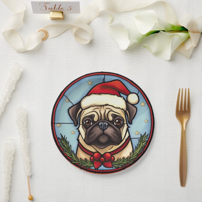 Pug Stained Glass Christmas Paper Plates (Wedding)