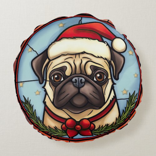 Pug Stained Glass Christmas Round Pillow