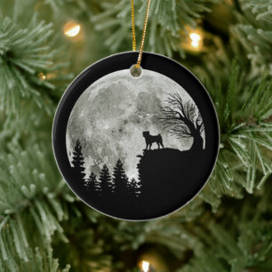 Pug Stand On Mountain Spooky Halloween Moon Ceramic Ornament