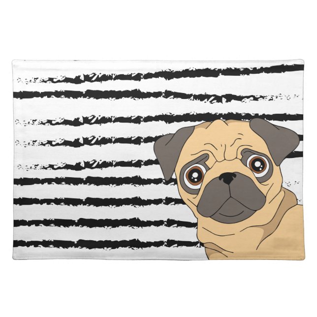 Pug striped black white cloth placemat (Front)