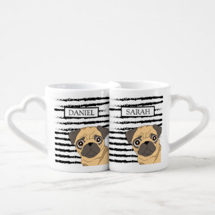 Pug striped black white monogram coffee mug set