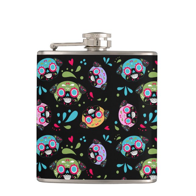 Pug Sugar Skull Pattern on Black Flask (Front)