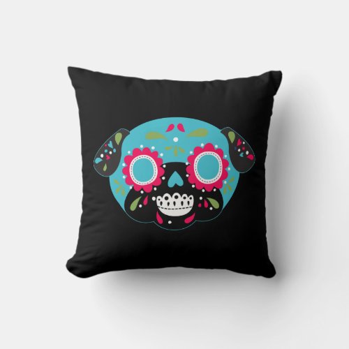 Pug Sugar Skull Turquoise Front Multicolor Pattern Throw Pillow