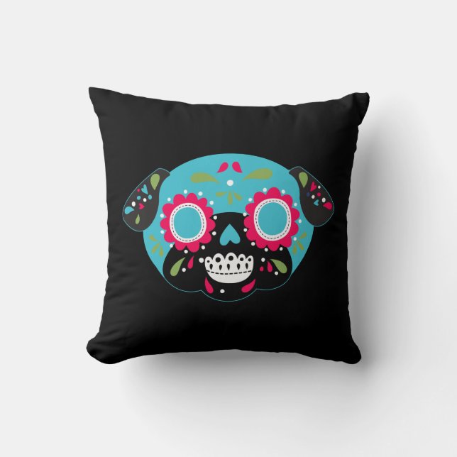 Pug Sugar Skull Turquoise Front Multicolor Pattern Throw Pillow (Front)