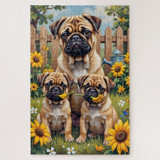 Pug Sunflower Garden Art Jigsaw Puzzle (Vertical)