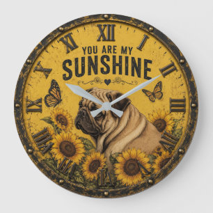 Pug Sunflower You Are My Sunshine Dog Lover Rustic Large Clock