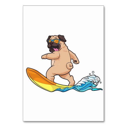 Pug Surfing Surfboard Pug Wearing Glasses Table Number