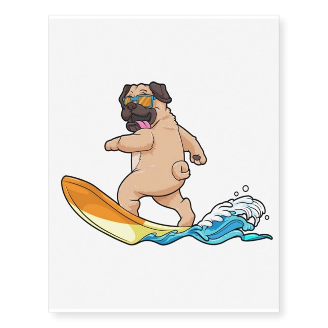 Pug Surfing Surfboard Pug Wearing Glasses Temporary Tattoos (Front)