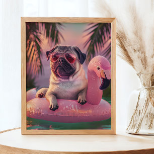 Pug Swimming Cocktail Summer Pet Portrait Poster