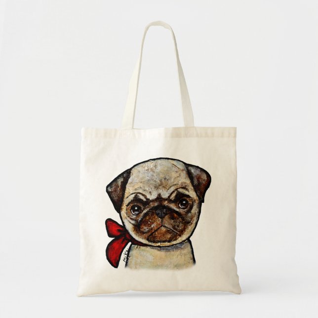 Pug tote bag Cute pug grocery bag pug lover bag (Front)