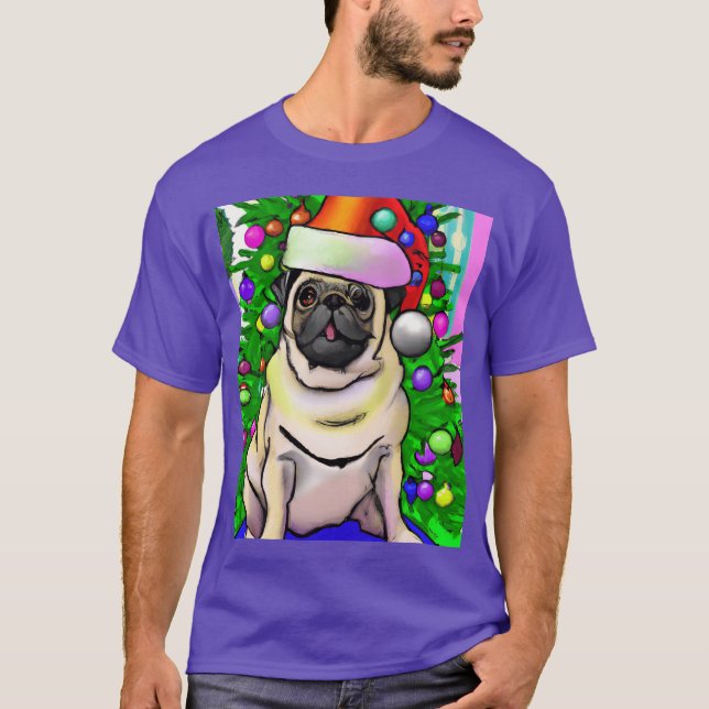 Pug Ugly Christmas Pug With A Christmasree And gir T-Shirt (Front)