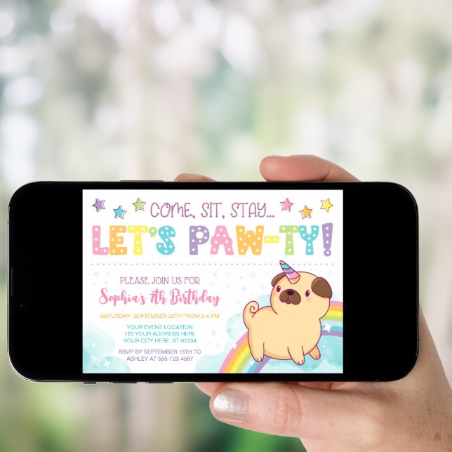 Pug Unicorn Birthday Invitation, Pug Birthday Invitation (Front Digital)